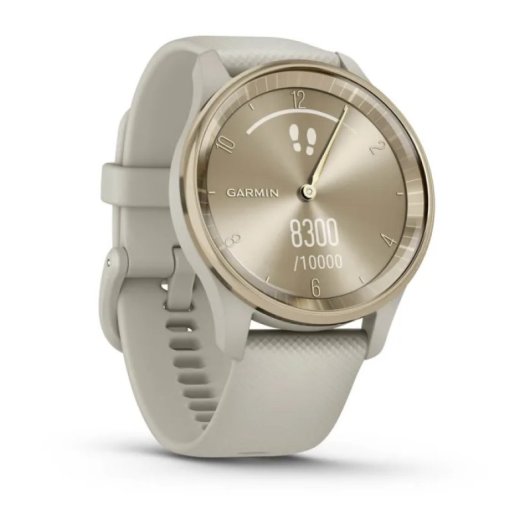 Montre connectée hybride Garmin vívomove Trend avec lunette en acier inoxydable couleur or crème et bracelet en silicone marron