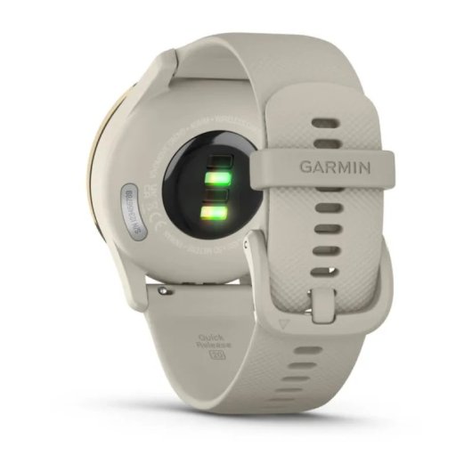 Montre connectée hybride Garmin vívomove Trend avec lunette en acier inoxydable couleur or crème et bracelet en silicone marron