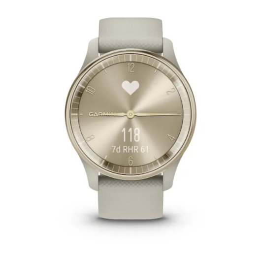 Montre connectée hybride Garmin vívomove Trend avec lunette en acier inoxydable couleur or crème et bracelet en silicone marron