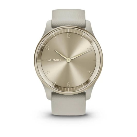 Montre connectée hybride Garmin vívomove Trend avec lunette en acier inoxydable couleur or crème et bracelet en silicone marron