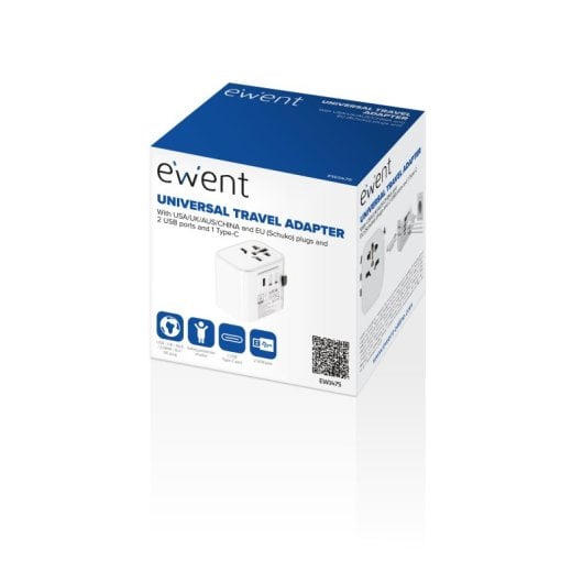 Ewent EW1475 Adaptador de Viaje Universal USA/UK/AUS/China con 2x USB-A + 1x USB-C Blanco