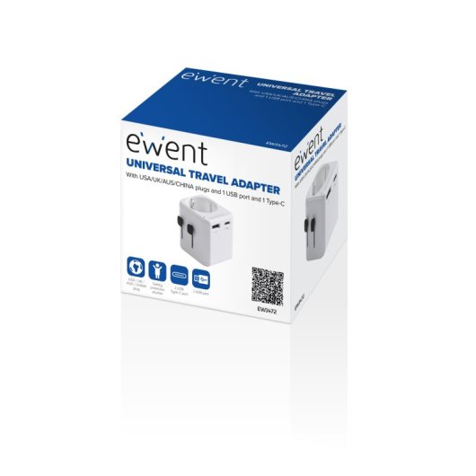 Ewent Adattatore Universale Da Viaggio EW1470 - Presa World Wide Con 2 USB E 3 Type-C, Sicurezza Bambini, Fusibile Di Ricambio