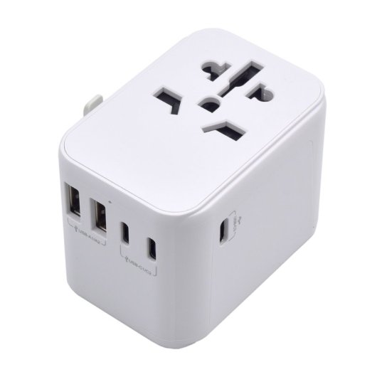 Ewent EW1470 Adaptador de Viaje Universal con 4 Enchufes de Pared + 5 Puertos USB Blanco