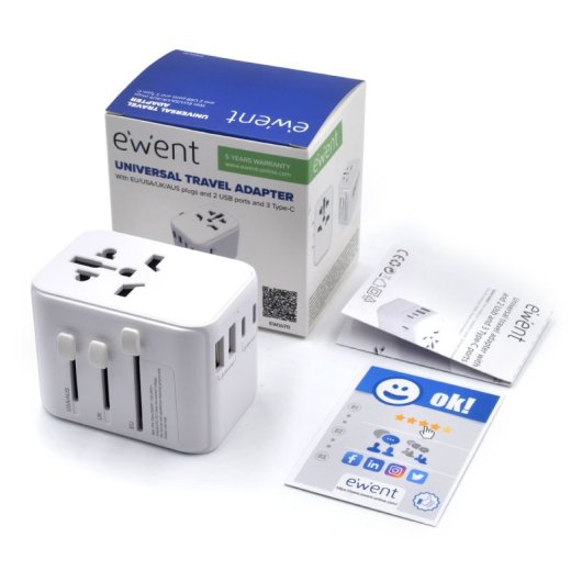 Ewent EW1470 Adaptador de Viaje Universal con 4 Enchufes de Pared + 5 Puertos USB Blanco