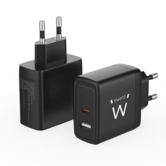 Ewent EW1330 GaN Fast 65W Ladegerät mit 1x USB-C PD Port + 1x USB-A QC 3.0 Port Schwarz