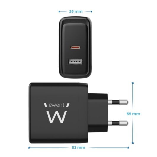 Ewent EW1330 GaN Fast 65W Ladegerät mit 1x USB-C PD Port + 1x USB-A QC 3.0 Port Schwarz