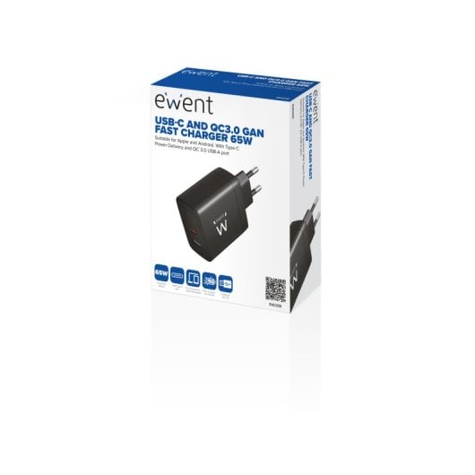 Ewent EW1330 GaN Fast 65W Ladegerät mit 1x USB-C PD Port + 1x USB-A QC 3.0 Port Schwarz