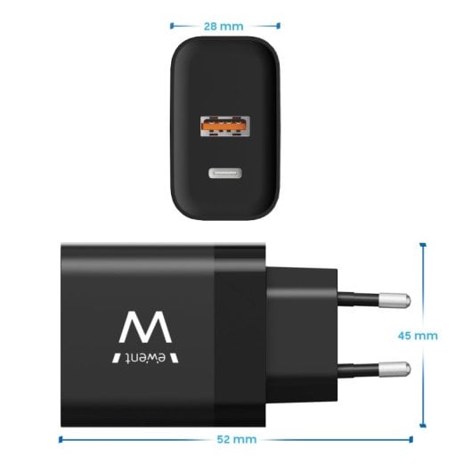 Ewent EW1327 Cargador GaN Fast 45W de 1x Puerto USB-C + 1x Puerto USB-A QC 2.0/PD 3.0 Negro