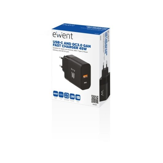 Ewent EW1327 Cargador GaN Fast 45W de 1x Puerto USB-C + 1x Puerto USB-A QC 2.0/PD 3.0 Negro