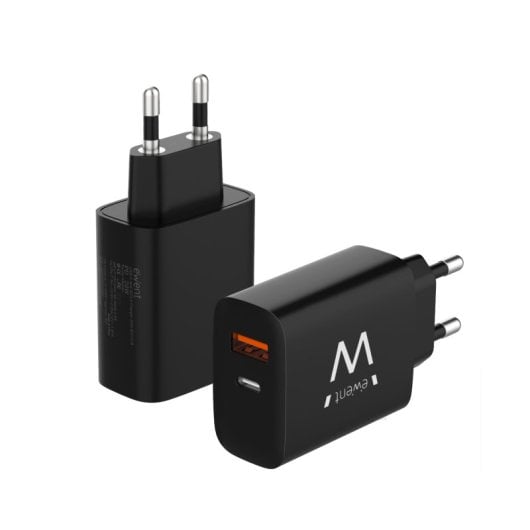 Ewent EW1319 Cargador Rápido con 1x USB-C 20W con Power Delivery + 1x USB-A QC3.0 Negro