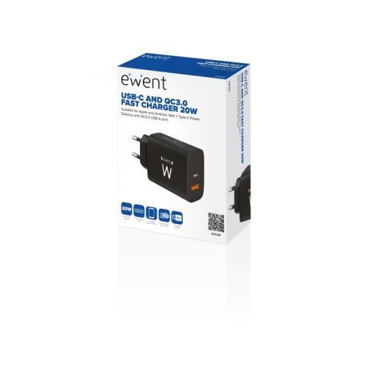 Ewent EW1319 Cargador Rápido con 1x USB-C 20W con Power Delivery + 1x USB-A QC3.0 Negro