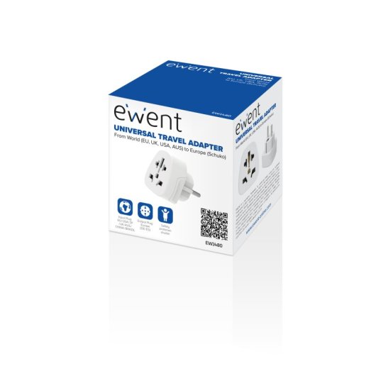 Ewent EW1480 Adaptador Eléctrico de Viaje Universal EU/UK/USA/AUS Blanco