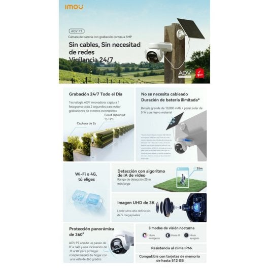 Imou AOV PT Kit Cámara de Vigilancia WiFi y 4G 3K con Batería y Placa Solar
