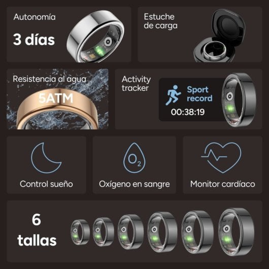 Ksix Saturn Anillo Inteligente, Talla Xxs, Aut. 3 Días, Actividad Y Salud, Monitor Sueño, 5atm, Dorado