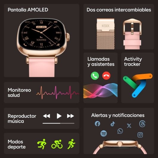 Ksix Smartwatch Iria AMOLED 1.7 2 Correas Metal y Siliciona Modo Deporte y Aalud Rosa