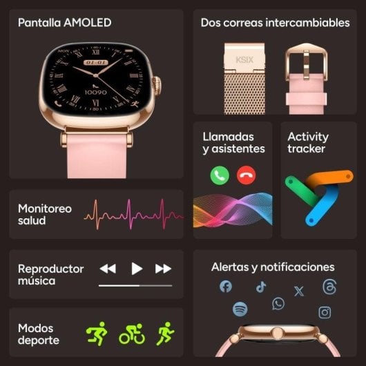 Ksix Iria Bluetooth 1,7" AMOLED Rose Deux Bracelets Métal et Silicone Appels SpO2 Cardio