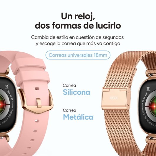 Ksix Smartwatch Iria AMOLED 1.7 2 Correas Metal y Siliciona Modo Deporte y Aalud Rosa