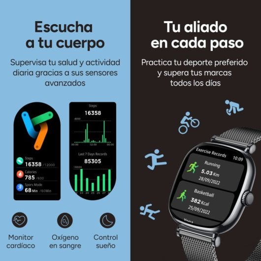 Ksix Smartwatch Iria AMOLED 1.7 2 Correas Metal y Silicona Modo Deporte y Salud Negro