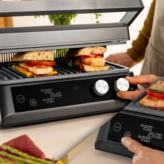 Parrilla eléctrica Cecotec Rock?n?Grill Bistro 2400W Smokeless, Placas RockStone, Sonda, LED Táctil