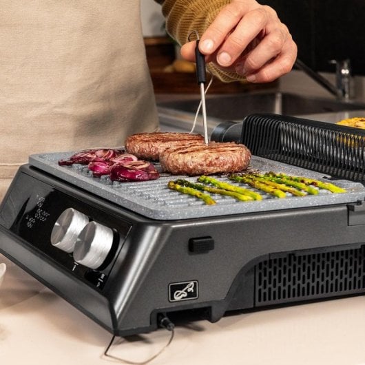 Parrilla eléctrica Cecotec Rock?n?Grill Bistro 2400W Smokeless, Placas RockStone, Sonda, LED Táctil