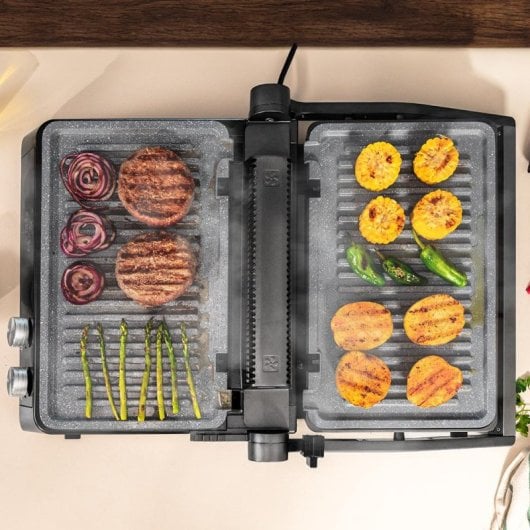 Parrilla eléctrica Cecotec Rock?n?Grill Bistro 2400W Smokeless, Placas RockStone, Sonda, LED Táctil
