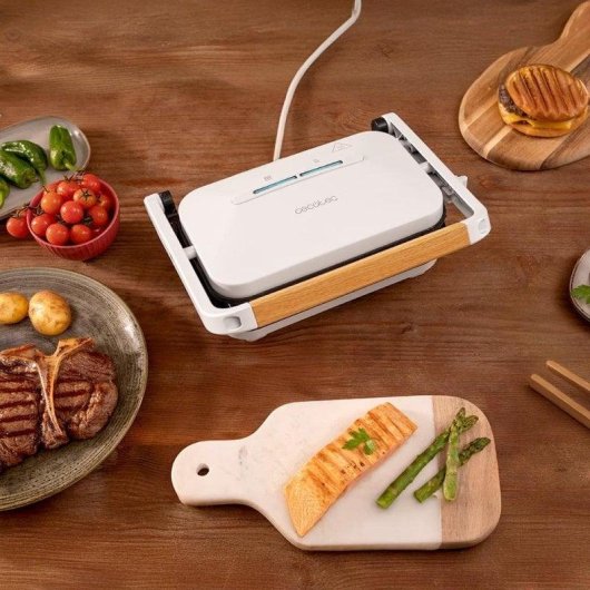 Parrilla eléctrica Cecotec Rock?nGrill 1200 Wood 1300W Revestimiento Piedra RockStone Asa Madera