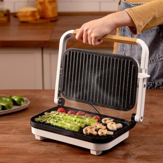Parrilla eléctrica Cecotec Rock?nGrill 1200 Wood 1300W Revestimiento Piedra RockStone Asa Madera
