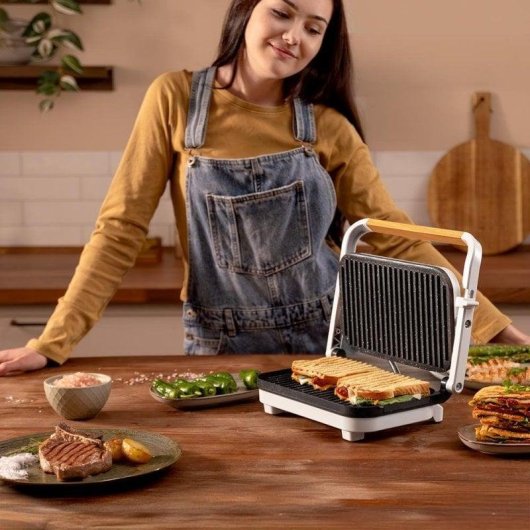 Parrilla eléctrica Cecotec Rock?nGrill 1200 Wood 1300W Revestimiento Piedra RockStone Asa Madera