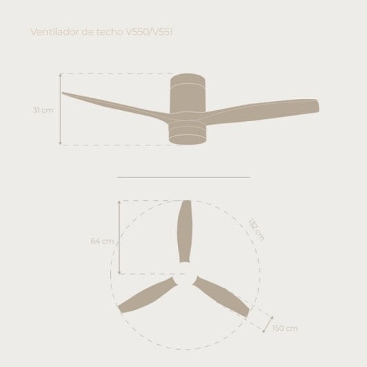 Ventilador de Techo EVVO V550 Wood Wifi Gris Lacado/Madera LED 40W 132cm 6 Velocidades WiFi Resistente Agua