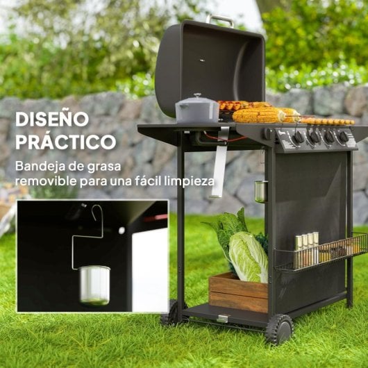 Outsunny Barbacoa De Gas Con 4+1 Quemadores 12 Kw Termómetro Mesa Lateral Negro