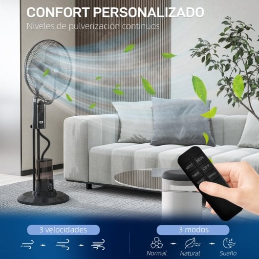 Homcom Ventilador Nebulizador 75 W Temporizador Tanque 3.2L 44.5cm Negro