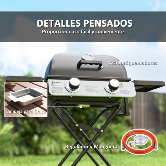 Outsunny Grelhador a Gás Com 2 Queimadores De Aço Inoxidável 2,8 Kw Com Rodas