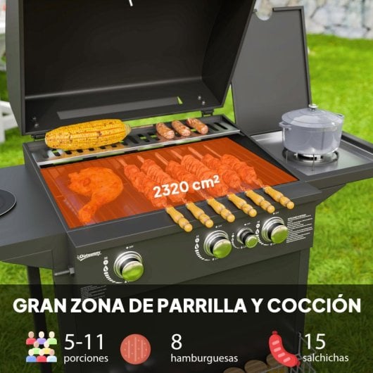 Outsunny Barbacoa De Gas Con 3+1 Quemadores 8,5 Kw Termómetro Mesa Lateral Negro