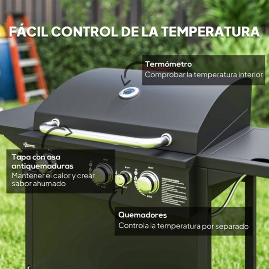 Outsunny Barbacoa De Gas Con 3+1 Quemadores 8,5 Kw Termómetro Mesa Lateral Negro