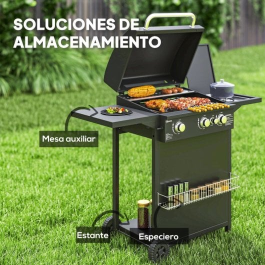 Outsunny Barbacoa De Gas Con 3+1 Quemadores 8,5 Kw Termómetro Mesa Lateral Negro