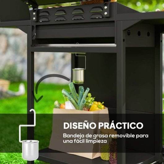 Outsunny Barbacoa De Gas Con 3+1 Quemadores 8,5 Kw Termómetro Mesa Lateral Negro