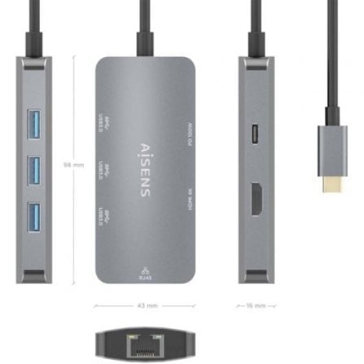 ASUC-6P019-GR Station d'accueil USB-C 6 en 1 AISENS PC