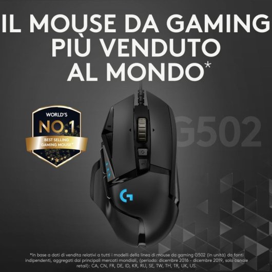 Mouse da gioco Logitech G502 Hero - Sensore Hero avanzato per precisione e reattività - 11 pulsanti programmabili - Comfort ergonomico per sessioni intense - Compatibile con tutti i sistemi operativi