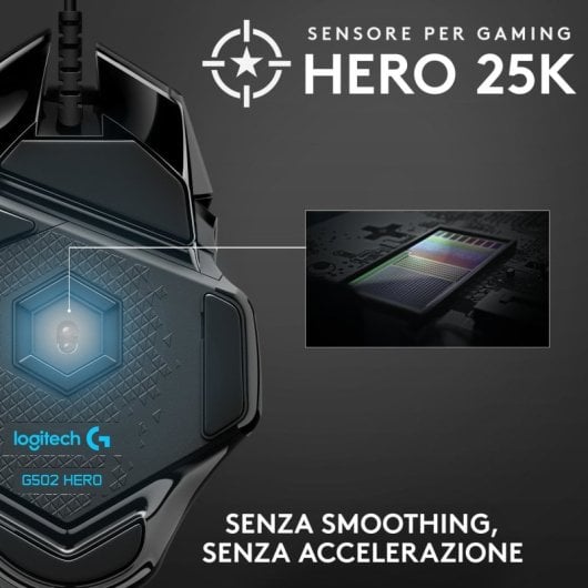 Mouse da gioco Logitech G502 Hero - Sensore Hero avanzato per precisione e reattività - 11 pulsanti programmabili - Comfort ergonomico per sessioni intense - Compatibile con tutti i sistemi operativi