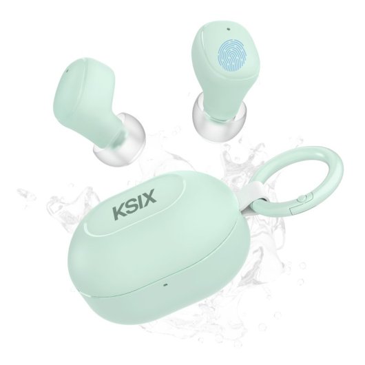 Ksix Neutron Auriculares Inalámbricos, Usb-c, Diseño Compacto, Mosquetón, 4h+16h Auto., Llamadas, Verde