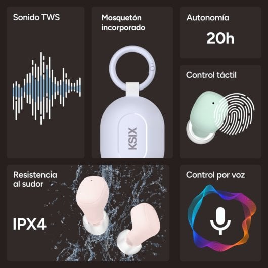 Ksix Neutron Auriculares Inalámbricos, Usb-c, Diseño Compacto, Mosquetón, 4h+16h Auto., Llamadas, Verde
