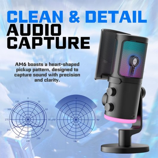 Fifine AMPLIGAME AM6 Micrófono USB Condensador RGB Control Juego/Chat Negro