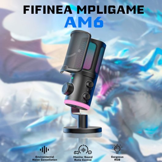 Fifine AMPLIGAME AM6 Micrófono USB Condensador RGB Control Juego/Chat Negro