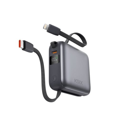 Ksix Carregador de 10.000 mAh, carregamento rápido de 22,5 W, cabos USB-C e Lightning integrados, ecrã LED, preto