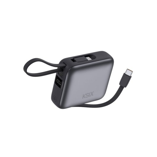 Ksix Carregador de 10.000 mAh, carregamento rápido de 22,5 W, cabos USB-C e Lightning integrados, ecrã LED, preto