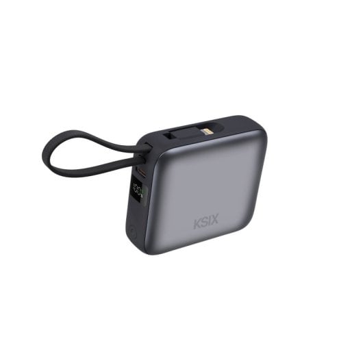 Ksix Carregador de 10.000 mAh, carregamento rápido de 22,5 W, cabos USB-C e Lightning integrados, ecrã LED, preto