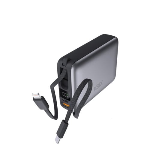 Ksix 20.000 Mah Power Bank, Carga Rápida 22.5w Pd, Cables Integrados Usb-c Y Lightning, Pantalla Led, Negro