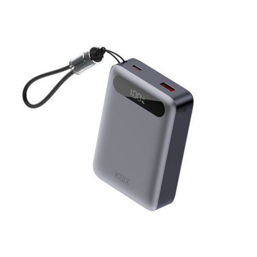 Carregador portátil Ksix de 20.000 mAh, carregamento rápido PD de 22,5 W, carregamento simultâneo, cabo USB-C convertível + pega, ecrã LED, preto