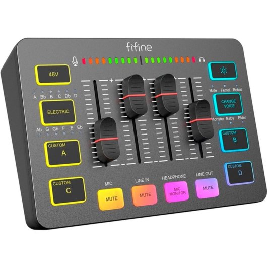 Fifine AmpliGame SC3 Mezclador de Audio Gaming XLR/Auriculares RGB USB-C Negro