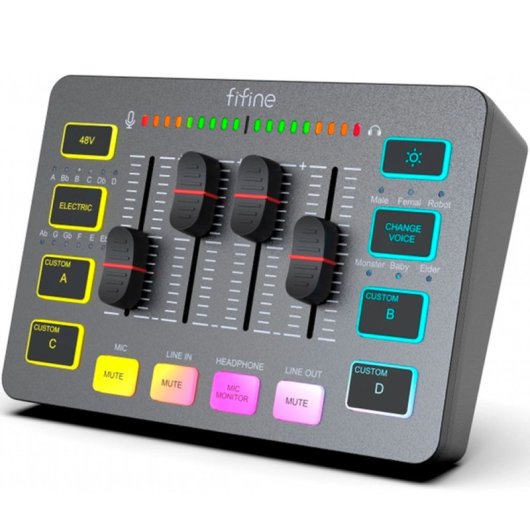 Fifine AmpliGame SC3 Mezclador de Audio Gaming XLR/Auriculares RGB USB-C Negro